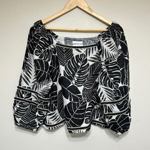 Cynthia Rowley Linen Monstera Leaf Crop Blouse Women L Puff Sleeve Tropical Boho